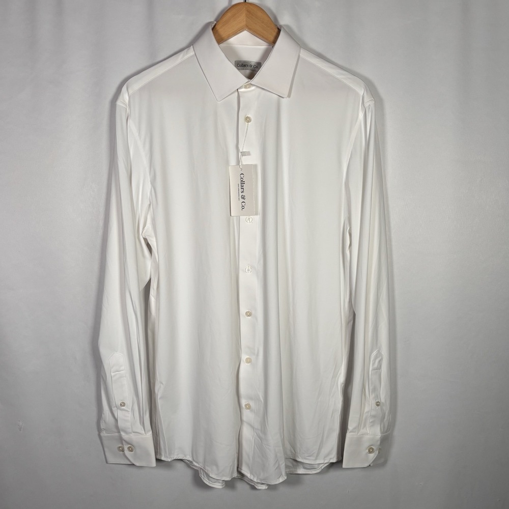 Collars And Co Polo Dress Shirt Large White Button Up Office Wedding Stretch NWT